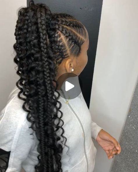 Stitch Braid Ponytail With Curls, Feed In Ponytail Braids With Curls, Pony Braids For Black Women, 2 Feedin Braids With Curly Hair, Feed In Braids With Curly Ends, Two Feed In Braids With Curly Ends, Stitch Braids Ponytail With Curls, Feed Ins With Curls, Braided Pony Hairstyles