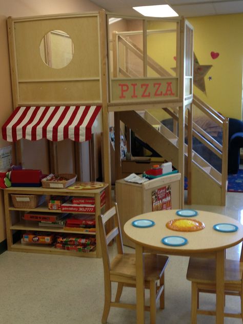 New preschool loft. Transformed into dramatic play pizzeria. Yum Preschool Loft Ideas, Indoor Playhouse Ideas, Classroom Loft, Play Basement, Classroom Diy Decor, Loft Playhouse, Dramatic Play Center Ideas, Basement Playhouse, Big Kids Playroom