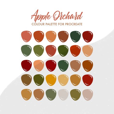 This is the Apple Orchard colour palette that works great with both type and illustration. This is a digital download containing one swatches file zipped for Procreate. You download these the same as you would the brushes, but with the swatches panel instead! Simply download and make sure you are using a device with Procreate. Then you can click on the swatches file and it will open up in Procreate. Happy creating! ------------------------------------------ YOU WILL RECEIVE: - 1 Procreate Palett Apple Colour Palette, Apple Orchard Color Palette, September Colors, Color Palette Challenge, Apple Coloring, Fall Color Palette, Honey Colour, Color Balance, Apple Picking