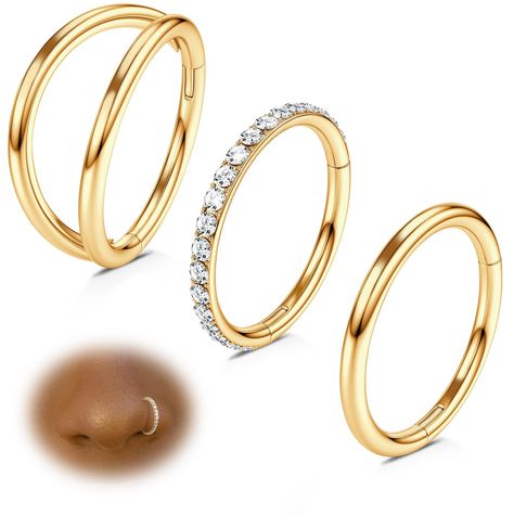 PRICES MAY VARY. ❤【3pcs hinged septum ring】This gold nose hoops rings set is packaged in 16 guage(1.2mm thickness), inner diameter 9mm. Each set includes 3 pieces of fashion hinged septum hoops: shiny cz nose rings, double hoop nose ring for single piercing and cute single septum rings. Various styles to match with most of your daily wearing or any other occasion. Please refer to the size guide, carefully select your most suitable gauge and inner diameter before order. ❤【Premium Quality Nose Hoo Gold Nose Hoop Ring, Nose Rings Women, Gold Hoop Nose Ring, Double Hoop Nose Ring, Pretty Piercings, Single Piercing, Hoop Nose Ring, Nose Piercing Ring, Forward Helix Earrings