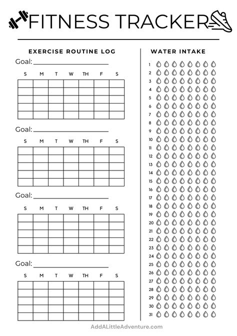 Health and fitness tracker printable with sections for weekly workouts and water intake. Perfect for a fitness planner or training journal. Free Exercise Printables, Treadmill Tracker, Walking Tracker Printable Free, Work Out Tracker Free Printable, Health Journal Ideas, Daily Weight Tracker, Homework Tracker Printable Free, Exercise Tracker Printable Free, Health Planner Free