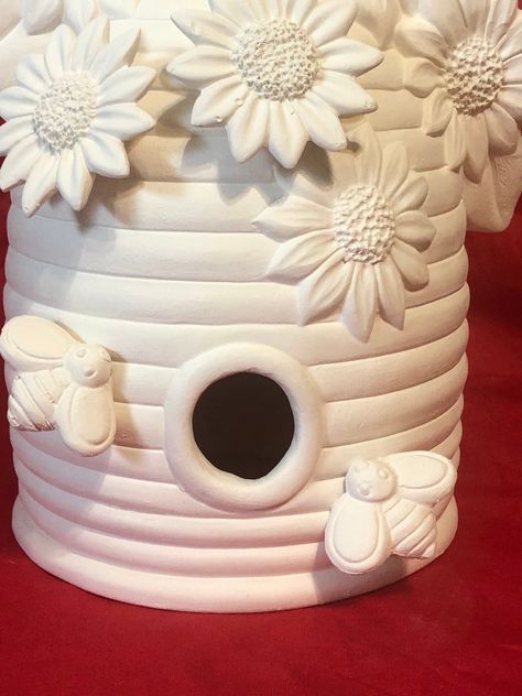 Clay Magics Large Bee Skep in ceramic bisque ready to paint by jmdceramicsart Beehive Ceramics, Beehive Pottery, Clay Bird Houses, Clay Bees, Clay Beehive, Ceramic Beehive, Honey Pots, Clay Inspo, Ceramic Birdhouse