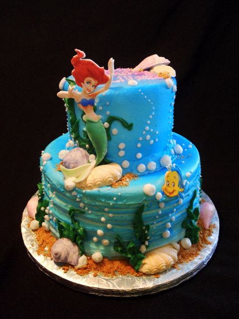 Edible images of Arial and Flounder. Butter cream cake. Chocolate shells. Disney Princess Cakes, Cakes Disney, Little Mermaid Birthday Cake, Butter Cream Cake, Birthdays Cakes, Mermaid Birthday Cake, Princess Cakes, Owl Cakes, Ocean Cakes