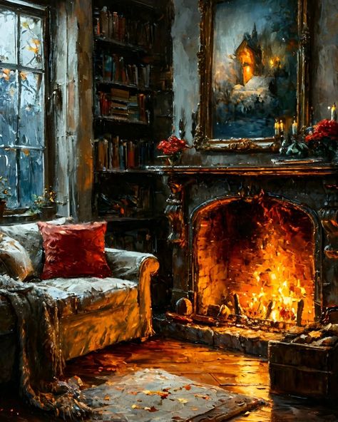 This painting is done in a realistic style with elements of romanticism. It conveys a cozy and warm autumn atmosphere. Details such as the burning fireplace, falling leaves, and bright apples create a sense of peace and harmony.

 #nature #beautiful #dream #digitalpainting #fantasyart #surrealism #cozyvibes #autumnart #fireplace #realism #fallcolors Cozy Christmas Painting, Fireplace Watercolor, Harmony Painting, Fireplace Painting, Romanticism Paintings, Romanticism Art, Cozy Living Room Warm, Painting Notebook, Harmony Art