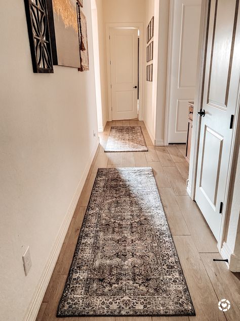 2 Runners In Long Hallway, Area Rug And Runner In Living Room, Two Runners Long Hallway, Bathroom With Runner Rug, Hallway Runners Ideas Hardwood, Dark Runner Rug, Hall Runners Hallways, Brown Runner Rug, Runner Rugs Hallway