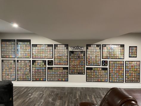 Pokemon Card Wall Display, Pokemon Shelves, Pokemon Card Display Ideas, Tcg Display, Manga Shelving, Arcade Design, Comic Storage, Trading Card Display, Games Room Inspiration