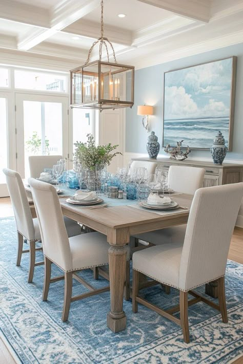 Coastal Refinement Coastal Blue Aesthetic, Blue And Gray Dining Room, Coastal Dining Room Table, Beachy Dining Room, Preppy Interior, Modern Coastal Dining, Coastal Dining Room Decor, Modern Coastal Dining Room, Coastal Farmhouse Dining Room