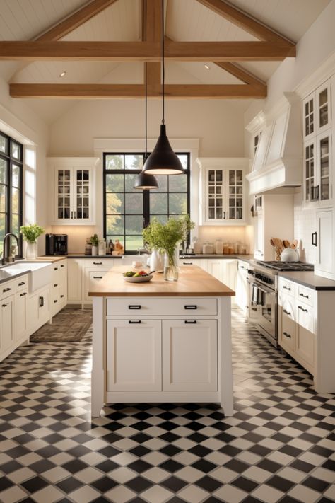 Modern farmhouse kitchen with exposed beams and pendant lights German Style Kitchen, Painting Kitchen Sink, Cabinet Kitchen Ideas, English Farmhouse Kitchen, Designer Kitchen Cabinets, Paint Colors Kitchen, Traditional Farmhouse Kitchen, New England Cottage, Kitchen Vibes