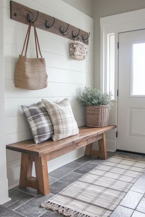 Coat Rack For Entryway, Farmhouse Entrance Ideas, Modern Farmhouse Entrance Way, Bench In Entryway Ideas, Farmhouse Entryway With Stairs, Indoor Entryway Ideas, Entry Way Bench Styling Farmhouse, Farm House Entry Way, Breezeway Decor