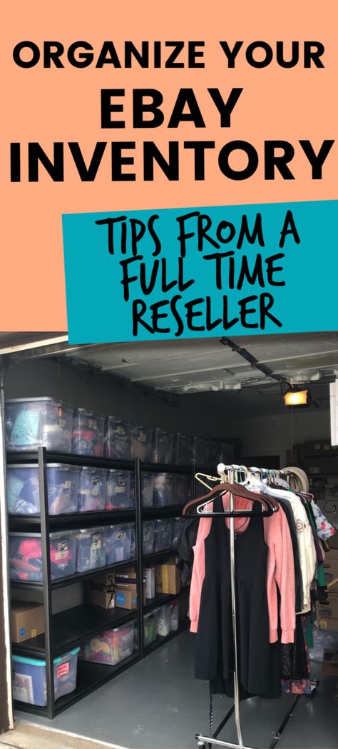 Tips from a full time ebay seller on how to organize your inventory #ebayseller #reseller Reseller Office Setup, Ebay Storage Inventory, How To Organize Resell Inventory, Organizing Poshmark Inventory, Ebay Office Setup, Poshmark Storage Ideas, Poshmark Inventory Storage, Clothing Inventory Storage, Reselling Organization