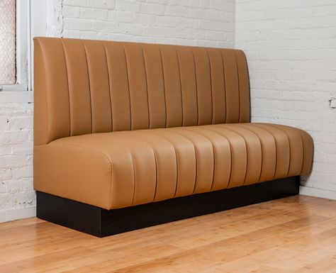 This custom tan banquette features elegant vertical channeling and a bold black kickplate for a stylish contrast. Designed for durability, it’s perfect for restaurants, cafes, and lounge spaces that want a sleek, modern look with added functionality. Curved Bench, Booth Seating, Banquette Seating, Modern Seating, Furniture Upholstery, Columbus Ohio, Banquette, Bold Black, Dining Rooms