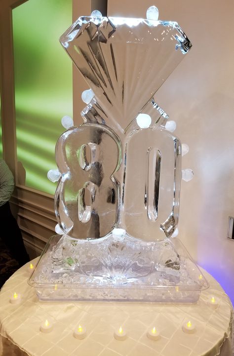 Diamonds & Pearls theme...80th Birthday ice sculpture. Diamond Ice Sculpture, Birthday Ice Sculpture, Diamonds Theme Party, Diamond Theme Party, Diamonds And Denim Party, Basketball Banquet, 60th Birthday Balloons, Diamond Theme, Denim Party