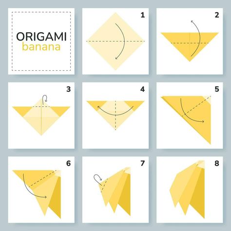 Bananas origami scheme tutorial moving model. Origami for kids. Step by step how to make a cute origami banana. Vector illustration. Banana Origami, Banana Vector, Origami For Kids, Cute Origami, Origami Easy, Bananas, Vector Art, Origami, Step By Step