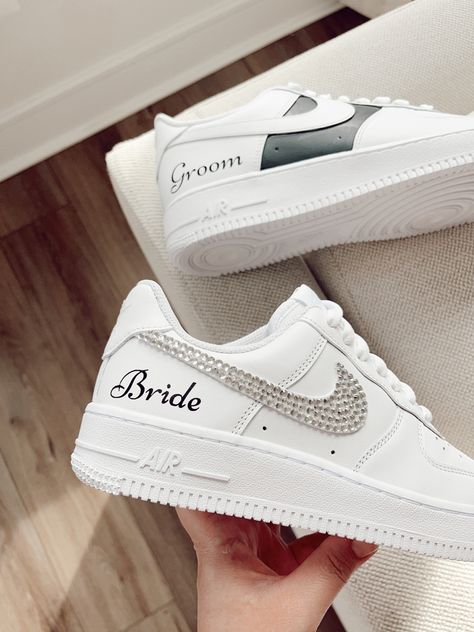 Wedding air force 1 low Husband And Wife Wedding Shoes, Matching Wedding Air Forces, Wedding After Party Shoes For Bride, Matching Shoes For Couples Wedding, Mr And Mrs Wedding Sneakers, Wedding Air Force Ones Matching, Wedding Sneakers For Bride Diy, Wedding Airforce Ones, Wedding Sneakers For Bride And Groom Nike