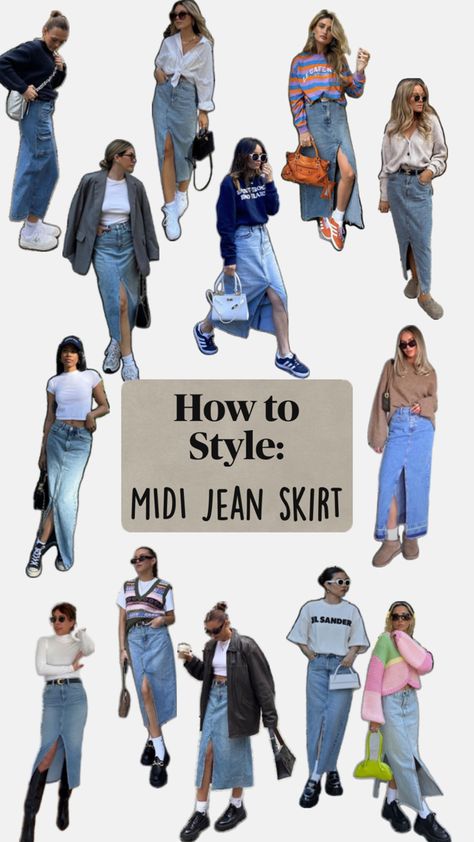 Currently obsessed with the long Jean skirt 😍 Midi Jean Skirt, Jean Skirt Outfits, Long Jean Skirt, Vanity Room, Trendy Fall Outfits, Business Casual Outfits, Jean Skirt, How To Style, Skirt Outfits