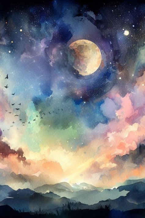 Moon Over Mountains, Watercolor Pouring, Ethereal Landscape, Watercolor Night Sky, Library Girl, Learn Watercolor Painting, Night Sky Painting, Watercolor Sky, Pen Art Drawings