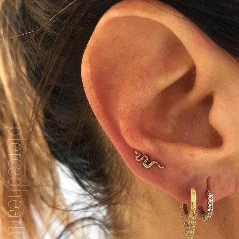 New high lobe piercing with a @bodygems sssssnake by @piercedheartt! 🐍 High Lobe Piercing, Lobe Piercing, Cartilage Piercing, Stacking Rings, Earings Piercings, Tatting, Ear Cuff, Piercings, Fashion Accessories