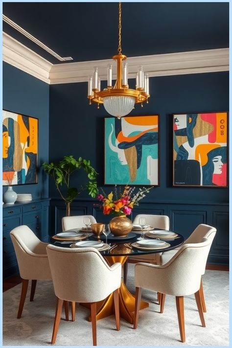 Modern dining room with a round table, beige chairs, and colorful abstract art on dark blue walls. Dining Room Color Scheme Ideas, Dining Room Paint Color Ideas, Dining Room Paint Color, Indoor Paint Colors, Interior Paint Ideas, Interior Painting Ideas, Dining Room Colour Schemes, Top Paint Colors, Indoor Paint