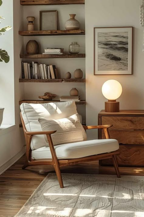 Living Nook Ideas, Seating Nook Bedroom, Cozy Library Chair, Reading Nook With Table, Office With Reading Area, Midcentury Reading Nook, Lounge Study Area, Reading Corner House, Oak And Walnut Living Room