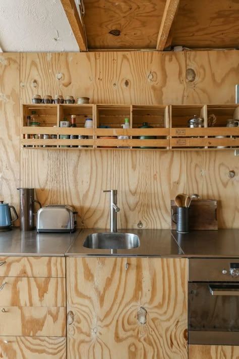 Ikea Metod Kitchen, Stewart Island, Ikea Bekvam, Tiny Beach House, Ikea Hack Kitchen, Plywood Kitchen, Plywood Interior, Stainless Steel Counters, Decor Ikea