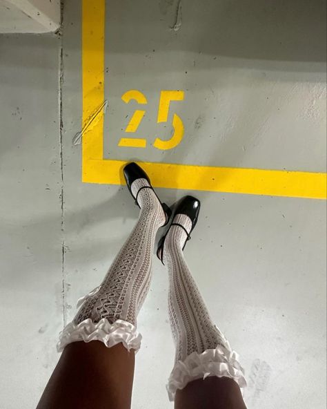 Long Socks With Heels, Lace Knee Socks, Sheer Knee High Socks Outfit, Mary Janes And Socks, Over The Knee Socks Outfit, Red Socks Outfit, Lace Socks Outfit, Mary Jane Aesthetic, Sheer Socks Outfit