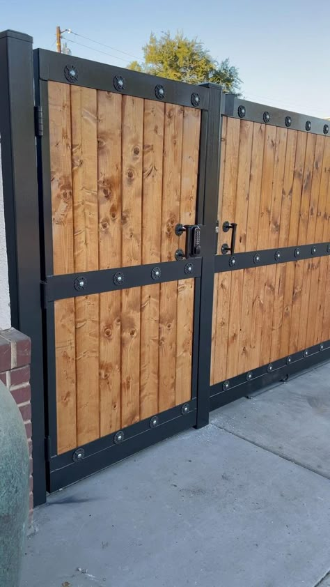 My Driveway wooden gate, railroad spike door pull, metal framing | Wood fence design, Wooden gates, Fence gate design Wooden Gate Designs, Wood Fence Gates, Gates Driveway, Wooden Gates Driveway, Wood Fence Design, Wooden Gate, Fence Gate Design, House Main Gates Design, Porch Uk