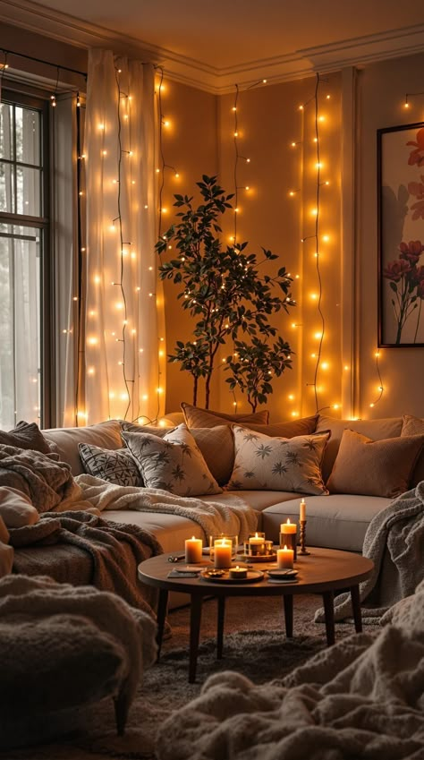 Cozy Lighting Living Room Fairy Lights In Hallway, Hygge Lighting Living Rooms, Warm Lamps Living Room, Fairy Light Living Room Decor, Lighting In Apartment, Indoor Fairy Lights Living Room, Decorating With Fairy Lights Living Room, Fairy Lights Decor Ideas, Cozy Lamps Living Room