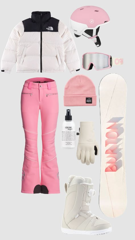 All White Snowboarding Outfit, Skii Outfit Girl, Outfits For Snowboarding, Snowmobiling Outfit Woman, Cute Outfits For The Snow, Girly Snowboard Outfit, Skiing Fits Aesthetic, Cute Ski Outfits Aesthetic, Snow Bib Outfit Women