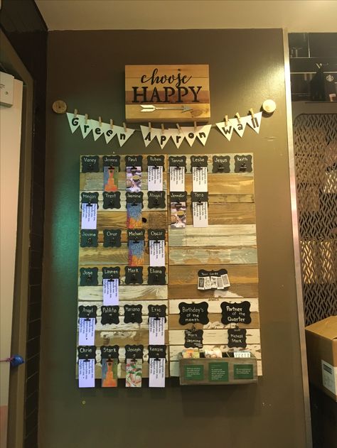 Partner green apron board/wall Starbucks Recognition Board, Starbucks Appreciation Board, Work Cork Board Ideas Offices, Green Apron Board, Starbucks Partner Board Ideas, Starbucks Green Apron Board Ideas, Green Apron Board Starbucks, Starbucks Board Ideas, Starbucks Outfit