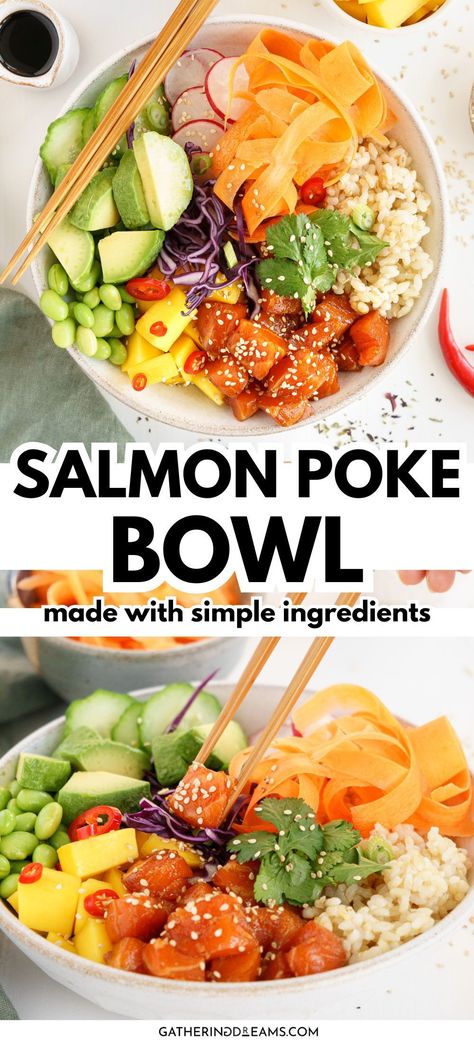 Looking for an easy and healthy lunch idea? This salmon poke bowl is light, fresh, and so simple to make! Salmon Poke Bowl Recipe Spicy Mayo, Salmon Poke Bowl Ideas, Salmon Bowl Recipe Healthy, At Home Poke Bowl, Easy Poke Bowl Recipe, Salmon Noodle Bowl, Poke Bowls Recipe, Week Lunch Ideas, Salmon Bowl Recipe