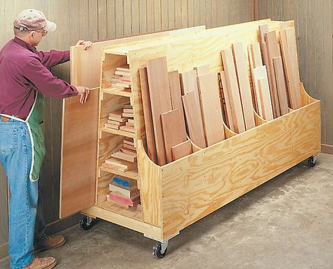 Remodelando la Casa: 20 Scrap Wood Storage Holders You Can DIY Lumber Storage Cart, Workshop Organisation, Lumber Storage Rack, Plywood Storage, Lumber Rack, Garage Diy, Lumber Storage, Storage Garage, Garage Organize