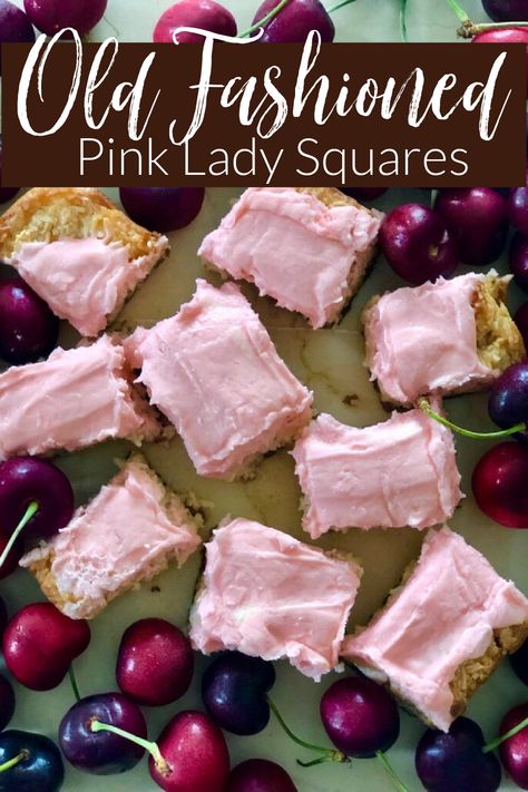 Pink Lady Dessert, Old Fashioned Squares, Raspberry Squares Recipe, Quick Squares Recipes, Cherry Pie Squares, Pink Lady Squares, Dream Squares Recipe, Quick And Easy Squares Recipes, Neopolitan Squares