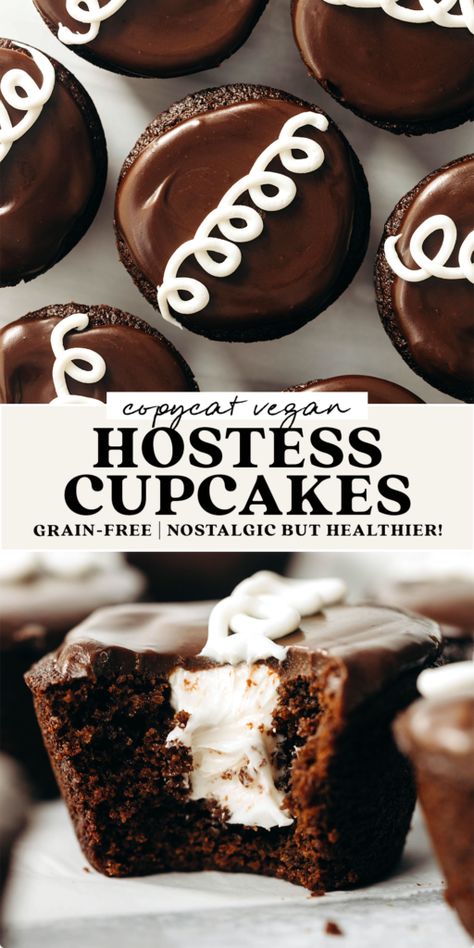 Copycat Vegan Hostess Cupcakes (grain-free) | Feasting on Fruit Homemade Twinkies, Vegan Cupcake Recipes, Hostess Cupcakes, Vegan Buttercream, Filled Cupcakes, Vegan Cupcakes, Easy Cream, Salted Chocolate, Unsweetened Applesauce