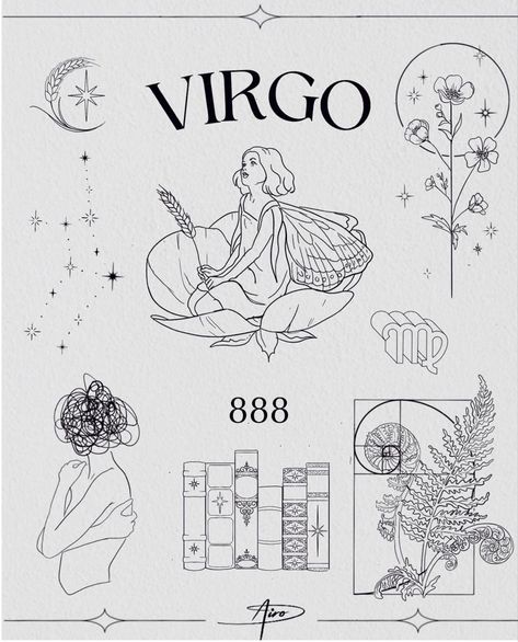 Virgo Tattoo ideas by Airo Astrology Inspired Tattoos, Virgo Flash Tattoo, Witchy Minimalist Tattoo, Virgo Moon Tattoo, Virgo Aesthetic Tattoo, Tattoo Ideas Virgo, Virgo Zodiac Tattoo, Virgo Tattoo Designs For Women, Witchy Tattoo Flash