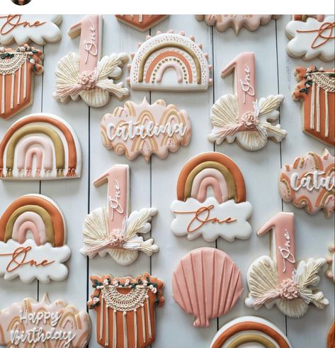 Boho Rainbow 1st Birthday Cookies, Boho Second Birthday Party, Boho Themed Cake 1st Birthday Parties, Boho Cookies Birthday, Boho 1st Birthday Cookies, Boho Rainbow Desserts, Boho Rainbow Cake Ideas, 1st Birthday Boho Rainbow Theme, Boho First Birthday Cookies