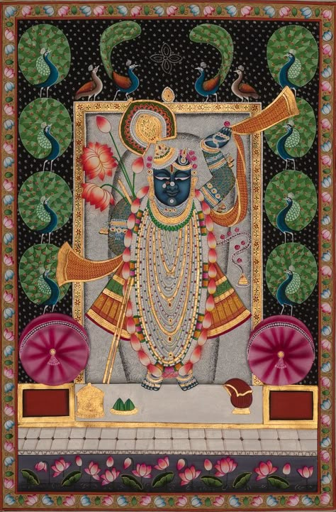 This Painting has been hand embossed using a popular Pichwai theme called 'Morakuti' which display plenty of peacocks dancing around the deity, displaying monsoon at the sanctum of Lord Shri Nath Ji. This theme is named after a village near Vraj known as Mayur Kuti where Lord Krishna danced like a peacock when rain clouds gathered, to please his love Radha Rani. Shri Nath Ji, Kamal Talai, Shreenath Ji, Sharad Purnima, Mythology Paintings, Indian Traditional Paintings, Pichwai Painting, Buddha Art Drawing, Saree Painting