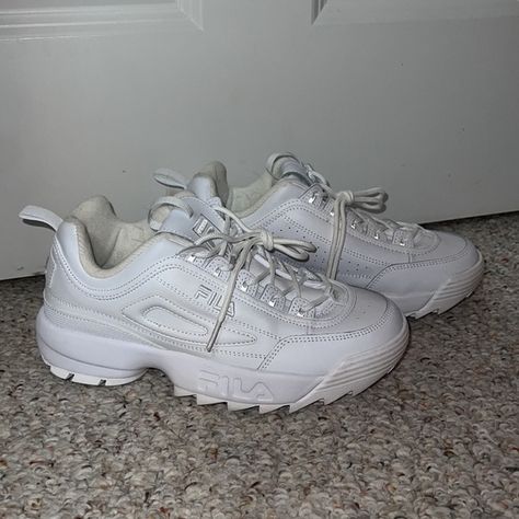 All White chunky Filas Chunky Filas, Filas Shoes, White Filas, Thrift Manifest, Chunky White Sneakers, Shifting Closet, Guts Tour, Airport Aesthetic, Birthday 11