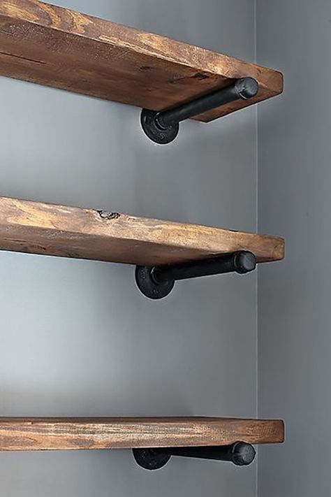 Wood Closet Shelves, Diy Pantry Shelves, Float Shelf, Steel Shelf Brackets, Wood Closet, Glass Cabinets, Shelves Ideas, Window Shelves, Reclaimed Wood Shelves