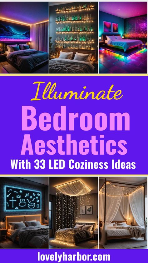 Transform your sleep space with these 33 chic and cozy LED aesthetic ideas for bedrooms. Discover lighting inspiration, minimalist designs, mood-boosting setups, and modern bedroom ideas that elevate nighttime vibes. Perfect for home decor enthusiasts seeking a stylish glow-up. #HomeDecor #BedroomIdeas #LEDLighting Teenage Boys Bedroom Led Lights, Bedroom Vibes Aesthetic Led, Diy Bedroom Lighting Ideas Ceilings, Unique Bedroom Lighting Ideas, Floating Bedroom Ideas, Black Light Bedroom Ideas, Bedroom Led Lights Aesthetic, Teen Bedroom Led Lights, Aesthetic Bedroom Lighting