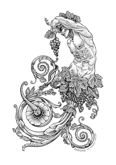 Dionysus Tattoo, Greek God Tattoo, Medieval Tattoo, Full Tattoo, Nouveau Illustration, Greek Mythology Tattoos, Art Nouveau Illustration, Vine Tattoos, Mythology Tattoos