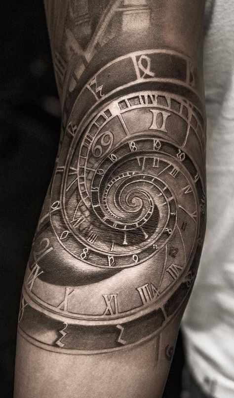 Spiral Clock Tattoo Design, Astronomical Clock Tattoo, Spiral Clock Tattoo, Tattoo Time Clock, Compass And Clock Tattoo Ideas, Elbow Tattoo Men, Clock Face Tattoo, Kurt Tattoo, Spiral Clock