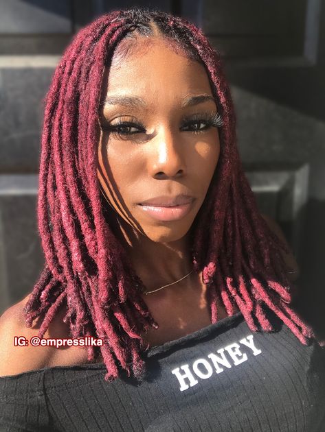 Red locs, black women with locs, burgundy locs, colorful locs, red wax on locs, pretty locs, dreads, red dreads, pretty black girls with locs Burgundy Dreadlocks Black Women, Burgundy Dreads Black Women, Dark Purple Dreads, Burgundy Locs Black Women, Red Locs Black Women, Coloured Locs, Black Girls With Locs, Loc Crown, Girls With Locs