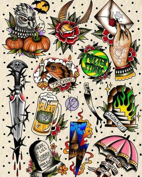 Leg Sleeve Tattoo Men Ideas American Traditional, Traditional Harry Potter Tattoo Sleeve, Harry Potter Tattoos Flash, Old School Colored Tattoo, New School Color Tattoo, Colored Flash Tattoos, Colour Sleeve Tattoo Men, Traditional Colored Tattoos, Colourful Tattoo Ideas For Men