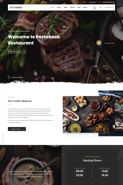 Restabook – Responsive Restaurant / Cafe / Pub WordPress Theme is perfect if you like a clean and modern design. Cafe Web Design, Restaurant Website Design Inspiration, Bar Website Design, Bar Website, Restaurant Website Design, Website Design Inspiration Layout, Restaurant Themes, Restaurant Website, Presentation Layout