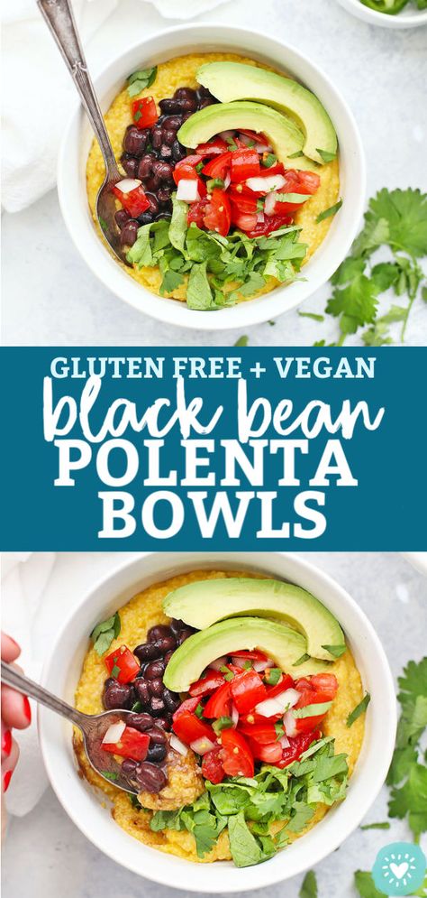 Black Bean Polenta Bowls - Creamy polenta gets topped with black beans, pico de gallo, and allll the fixin's for a delicious vegan dinner the whole family will love! (Gluten Free & Vegan) // Meatless Monday // Vegetarian Dinner // Healthy Dinner Ideas // Burrito Bowl #vegan #glutenfree #polenta #vegetarian #healthydinner Polenta Bowls, Vegetarian Recipes Videos, Healthy Dinner Ideas, Healthy Vegetarian Dinner, Creamy Polenta, Meatless Dinner, Healthy Recipes On A Budget, Cheap Healthy Meals, Gluten Free Recipes For Dinner