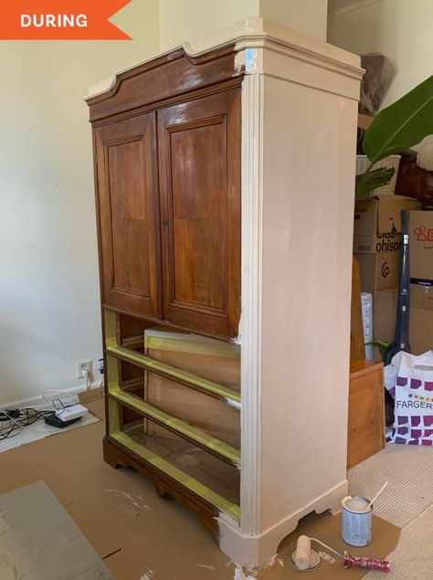 Painting Wardrobes Before And After, Diy Armoire Makeover Ideas, Wooden Wardrobe Ideas, Pink Armoire, Armoire Redo, Armoire Repurpose, Cheap Closet, White Armoire, Wooden Armoire