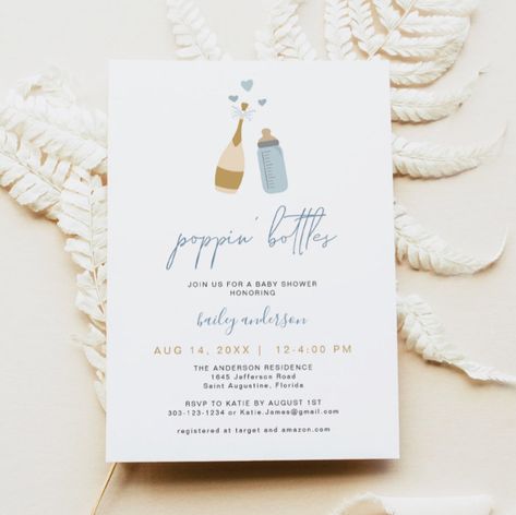 ANDI Dusty Blue Poppin' Bottles Boy Baby Shower Invitation - Baby Shower Invitations Popping Bottles Baby Shower Theme, Poppin Bottles Baby Shower Theme, Baby Shoer, Poppin Bottles Baby, Kylie Baby Shower, Sprinkle Ideas, A Baby Is Brewing, Surprise Baby Shower, Blue Baby Shower Invitations