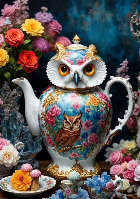 Mistical owl teapot - AI creation Owl Teapot, Teapot Decor, Art Deco Artwork, Tea Time, Tea Pots, Art Deco, Tea, Animals, Art