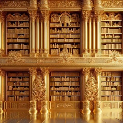 Golden library, golden books, golden chairs, gold #goldenbook #goldenlibrary #golden #goldenchair #goldenbooks Golden Library, Golden Chair, Golden Aesthetic, Cabin 7, Only The Brave, Aesthetic Homescreen, Virgo Season, Golden Books, Child Of Light