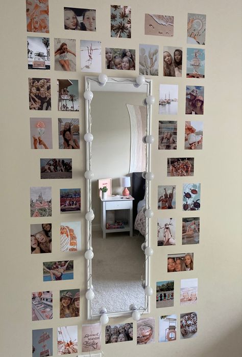 Photo Wall Inspiration Bedroom, Mirror Picture Wall Decor, Pictures Around Mirror Bedrooms, Bedroom Wall Decor With Mirror, Mirror On Wall With Pictures, Wall Mirror Ideas Bedroom With Lights, Pictures On Mirror Bedrooms, Mirror With Pictures Around It Bedroom, Cute Ideas For Pictures On Wall